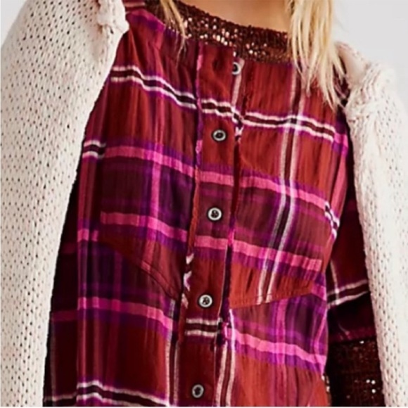 Free People Pink Plaid Outlaw Western Oversized Shirt Dress with Pockets! NWT - Picture 3 of 9